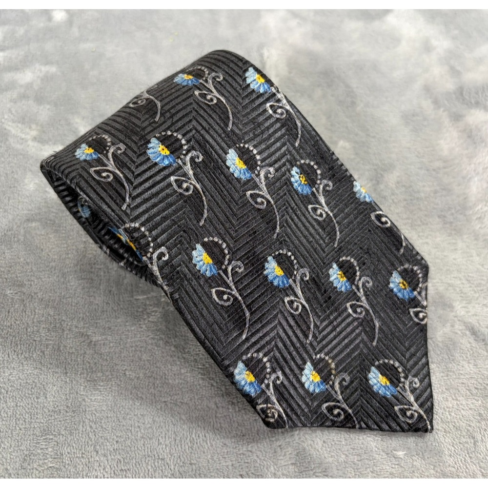 Ermenegildo Zegna Mens Silk Tie Black Gray Floral Geometric Italy